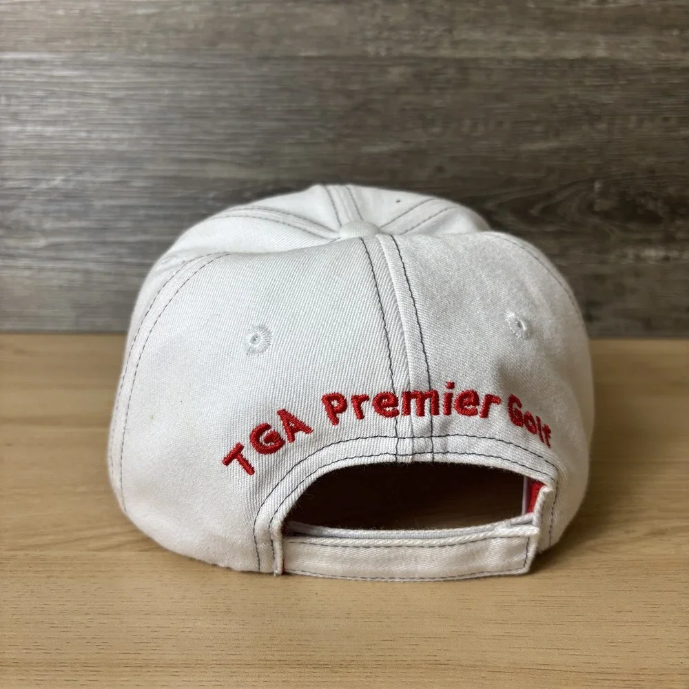 TGA Premier Golf Hat Cap Strap Back Mens White Red Golf Embroidered Adult Sports